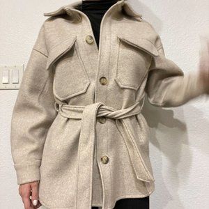 Light beige Melange Woven Shacket with Belt shirt jacket oversized